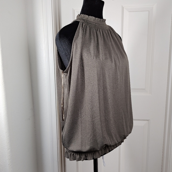 Adrianna Papell Ruched Neckline Bloused Hem Sleeveless Dark Olive Top Large - Picture 2 of 11